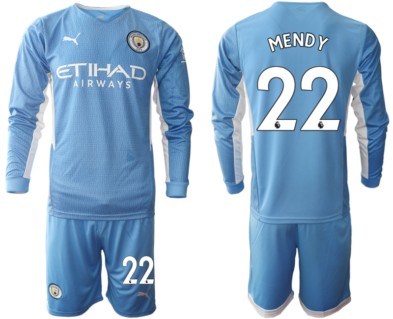 Men 2021-2022 Club Manchester city home Light blue Long Sleeve #22 Soccer Jersey->manchester city jersey->Soccer Club Jersey